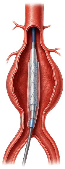 A stent graft is guided in
