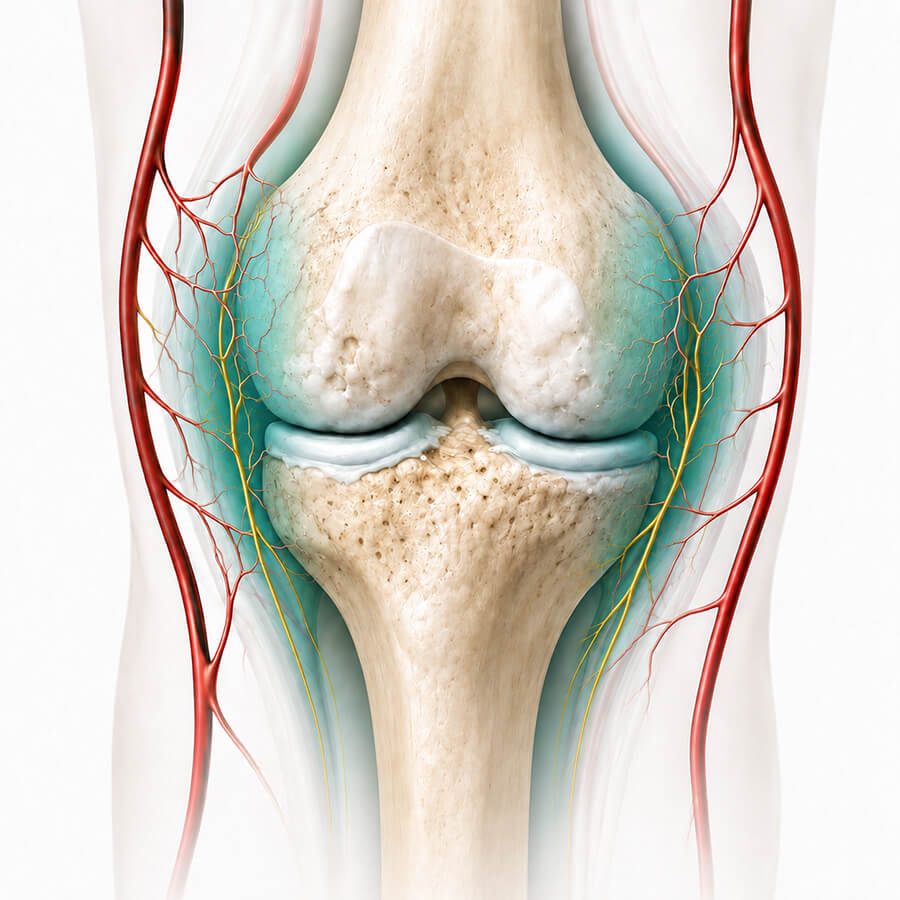 Illustration of a calmer knee after GAE, with abnormal blood flow reduced and inflammation settled