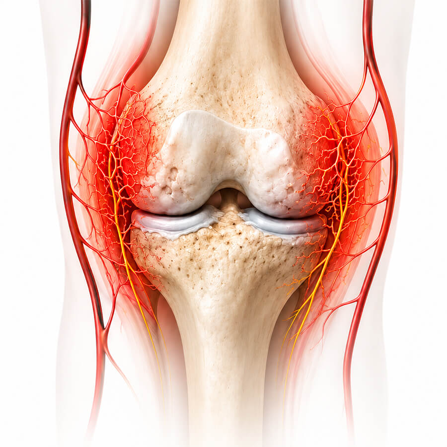 Illustration of an inflamed arthritic knee with abnormal tiny blood vessels growing into the joint lining