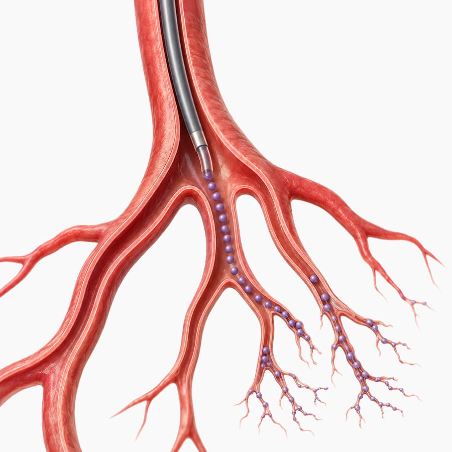 Illustration of a small catheter delivering treatment directly into the abnormal vessels